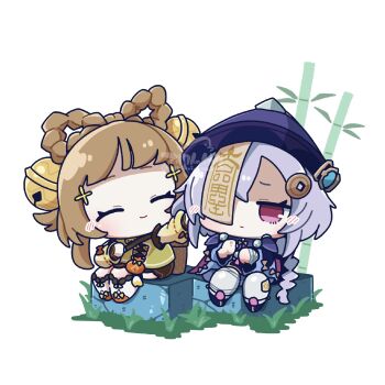 2girls ^_^ arikuigames1105 artist_name bamboo bell blue_hat boots braid braided_hair_rings brown_hair chibi chibi_only closed_eyes closed_mouth commentary_request full_body genshin_impact green_shirt hair_bell hair_ornament hair_rings hat highres long_sleeves multiple_girls ofuda ofuda_on_head purple_hair purple_shirt purple_shoes qiqi_(genshin_impact) shirt shoes short_hair simple_background sitting smile thighhighs watermark white_background white_boots white_thighhighs yaoyao_(genshin_impact)