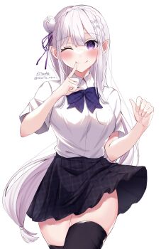 1girl ;) absurdres black_skirt black_thighhighs blue_bow blue_bowtie blush bow bowtie braid breast_pocket breasts closed_mouth collared_shirt commentary_request cowboy_shot crown_braid dot_nose elf emilia_(re:zero) finger_to_mouth flower hair_flower hair_ornament hair_ribbon highres long_hair looking_at_viewer maria_0422 medium_breasts miniskirt one_eye_closed pleated_skirt pocket pointy_ears purple_eyes purple_ribbon re:zero_kara_hajimeru_isekai_seikatsu ribbon school_uniform shirt short_sleeves shushing signature simple_background skirt smile solo standing thighhighs twitter_username very_long_hair white_background white_flower white_hair white_shirt zettai_ryouiki