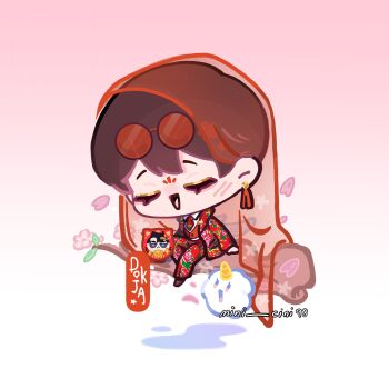 1boy absurdres biyoo_(omniscient_reader&#039;s_viewpoint) character_name chibi chibi_only chinese_clothes closed_eyes earrings eyewear_on_head facial_mark forehead_mark full_body highres jacket jewelry kim_dokja knee_up male_focus mini_cini98 necktie omniscient_reader&#039;s_viewpoint red-tinted_eyewear red_jacket red_vest shirt sitting_on_branch solo tassel tassel_earrings tinted_eyewear veil vest white_shirt yoo_joonghyuk