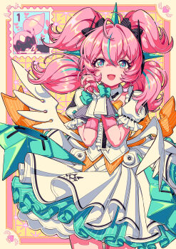 1girl absurdres aqua_hair aqua_streaks aria_(zenless_zone_zero) black_bow blue_eyes bow center_frills commentary_request cowboy_shot crossed_bangs detached_sleeves dress fingerless_gloves frilled_sleeves frills gloves hair_between_eyes hair_bow highres interlocked_fingers kisumi_rei layered_dress looking_at_viewer multicolored_hair open_mouth own_hands_together pink_gloves pink_hair solo sparkling_eyes streaked_hair white_dress white_wings winged_heart wings yellow_background zenless_zone_zero