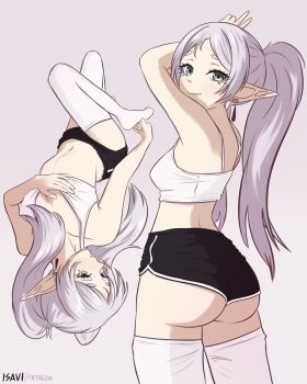 1girl armpits black_shorts commentary crop_top dolphin_shorts elf english_commentary frieren from_behind grey_hair highres isavi looking_at_viewer lying navel pointy_ears shorts smile sousou_no_frieren stomach tank_top thighhighs