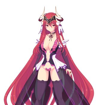 1girl absurdly_long_hair black_thighhighs breasts bridal_gauntlets choker cleavage collarbone detached_sleeves game_cg hair_between_eyes hair_ornament horns kourin_tenshi_en_ciel_rena large_breasts large_variant_set long_hair looking_at_viewer lucifer_rena maebari navel non-web_source official_art purple_thighhighs red_eyes red_hair revealing_clothes ribbon saitou_natsuki showgirl_skirt solo standing suhamaya tachi-e thighhighs tomoe_rena transparent_background variant_set very_long_hair
