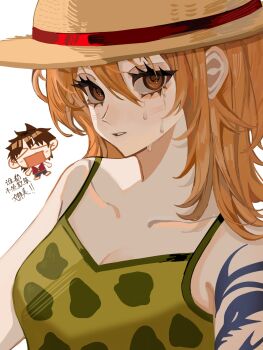 &gt;_&lt; 1boy 1girl bare_shoulders black_hair blue_tattoo brown_eyes camisole chinese_commentary chinese_text collarbone commentary_request crying crying_with_eyes_open eyelashes green_camisole hair_between_eyes hat highres looking_at_viewer monkey_d._luffy nami_(one_piece) nami_(one_piece)_(arlong_park) official_alternate_costume one_piece open_mouth orange_hair parted_lips short_hair shoulder_tattoo simple_background spaghetti_strap straw_hat tattoo tears translation_request upper_body white_background xianyu_99