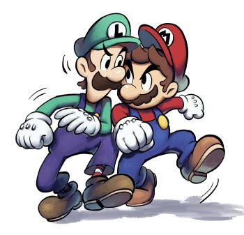 2boys blue_overalls boots brothers brown_hair facial_hair full_body gloves green_hat green_shirt hat highres long_sleeves looking_at_another luigi male_focus mario mario_&amp;_luigi_rpg mario_(series) masanori_sato_(style) multiple_boys mustache newsboy_cap nintendo overalls red_hat red_shirt red_socks shadow shirt short_hair siblings socks striped_clothes striped_socks two-tone_socks white_background white_gloves white_socks yamari_(ya_mari_6363)