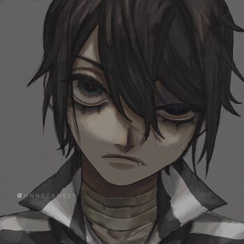 1boy bandaged_neck bandages black_eyes brown_hair bruise bruised_eye closed_mouth collar fang grey_background hair_between_eyes half-closed_eye high_collar highres hnnstkn001 identity_v injury looking_at_viewer luca_balsa male_focus portrait protected_link shirt short_hair simple_background solo striped_clothes striped_shirt twitter_username