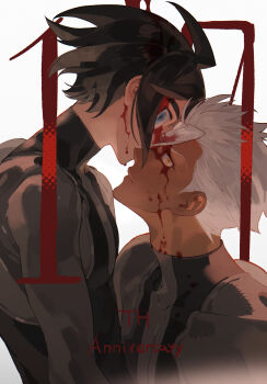 2boys black_hair blood blood_on_face blue_eyes collarbone commentary_request eyelashes gundam gundam_tekketsu_no_orphans highres imminent_kiss male_focus mikazuki_augus multiple_boys orga_itsuka short_hair sumooo_(ga_ilil) white_background white_hair yaoi yellow_eyes