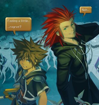 2boys absurdres axel_(kingdom_hearts) belt black_belt black_coat_(kingdom_hearts) black_jacket black_shirt blue_eyes brown_hair chakram commentary cropped_jacket dual_wielding dusk_(kingdom_hearts) english_commentary english_text facial_mark fingerless_gloves gloves green_eyes grin highres holding holding_weapon jacket jewelry keyblade kingdom_hearts kingdom_hearts_ii kingdom_key male_focus multiple_boys necklace nobody_(kingdom_hearts) red_hair scene_reference shirt short_hair short_sleeves smile sora_(kingdom_hearts) speech_bubble spiked_hair twitter_username weapon xvoidcore
