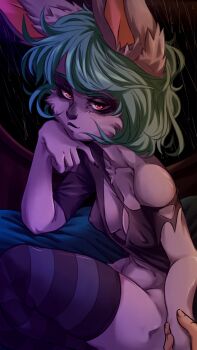 1girl absurdres breasts cleavage colored_skin covered_erect_nipples fluffy green_hair grey_skin highres holding_hands league_of_legends looking_at_viewer monster_girl plague_of_gripes purple_eyes sharp_nails thighhighs vex_(league_of_legends) yordle