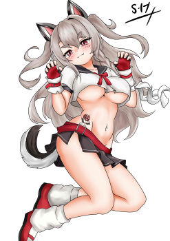 1girl :3 absurdres animal_ears azur_lane bare_legs black_sailor_collar braid breasts brown_hair claw_pose commentary_request commission cropped_shirt fang fingerless_gloves full_body gloves groin hair_between_eyes hands_up highres legs_folded medium_breasts microskirt navel neck_ribbon no_bra pink_eyes pixiv_commission pleated_skirt red_ribbon ribbon s_hadmiral sailor_collar school_uniform serafuku shirt single_braid skirt slit_pupils smug solo stomach stomach_tattoo tail tattoo thighs underboob white_shirt yuudachi_(azur_lane)