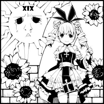 Rule 34 | 1girl, arch bishop (ragnarok online), blush, bow, cleavage cutout, closed mouth, clothing cutout, commentary request, cowboy shot, cross, double bun, dress, dress bow, drill hair, flower, frilled dress, frilled sleeves, frills, ganges gawa, greyscale, hair bow, hair bun, highres, looking at viewer, monochrome, official alternate costume, ragnarok online, sash, short hair, smile, solo, sunflower, thighhighs, twin drills, two-tone dress