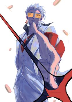 Rule 34 | 1boy, absurdres, black shirt, cantdrawhands, coat, coin, commentary, cowboy shot, english commentary, grin, hair slicked back, hand in pocket, highres, looking at viewer, male focus, mullet, necktie, one eye covered, orange-tinted eyewear, red necktie, revealing layer, shirt, smile, snapping fingers, solo, tinted eyewear, to be hero, to be hero x, vest, white coat, white hair, white vest, x (to be hero x)