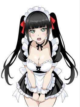 Rule 34 | 1girl, alternate costume, alternate hairstyle, apron, black hair, breasts, collarbone, embarrassed, feet out of frame, green eyes, highres, kurosawa dia, large breasts, long hair, looking at viewer, love live!, love live! sunshine!!, love love comedy, low neckline, maid, maid apron, maid headdress, open mouth, simple background, solo, standing, teeth, twintails, upper teeth only, white background