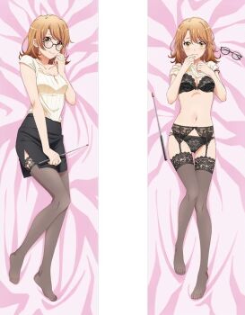 1girl black_bra black_garter_belt black_garter_straps black_lingerie black_panties bra breasts brown_eyes brown_hair cleavage clothes_lift dakimakura_(medium) garter_belt garter_straps isshiki_iroha lace lace-trimmed_bra lace-trimmed_thighhighs lace_trim medium_breasts official_art panties shirt_lift side_slit skirt thighhighs underwear yahari_ore_no_seishun_lovecome_wa_machigatteiru.