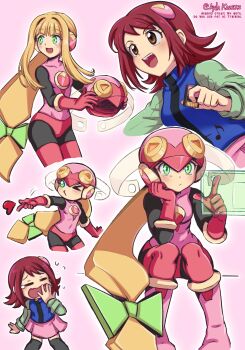 2girls ayla_kazemi blonde_hair blowing_kiss blue_vest brown_eyes chibi cowboy_shot full_body green_eyes heart helmet highres leotard long_hair mayl_sakurai_(mega_man) mega_man_(series) mega_man_battle_network_(series) multiple_girls multiple_views netnavi pink_background pink_helmet pink_leotard red_hair roll.exe_(mega_man) short_hair simple_background sitting upper_body vest