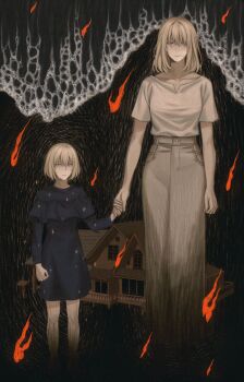 2girls 7nite absurdres bang_dream! bang_dream!_it&#039;s_mygo!!!!! blonde_hair blue_dress brown_skirt chinese_commentary closed_mouth commentary_request crying crying_with_eyes_open dress highres holding_hands long_sleeves medium_hair misumi_uika multiple_girls ocean shirt short_hair short_sleeves skirt spoilers tears time_paradox white_shirt