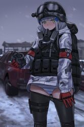 Rule 34 | 1girl, absurdres, backpack, bag, black pantyhose, blunt bangs, blush, camouflage, camouflage jacket, canteen, car, clothes pull, commentary request, facial mark, girls&#039; frontline, gloves, goggles, goggles on headwear, green eyes, grey hair, hair ornament, helmet, highres, hk416 (fang) (girls&#039; frontline), hk416 (girls&#039; frontline), holding, holding canteen, jacket, kuro (zhurunbo1997), last man battalion, long hair, long sleeves, looking at viewer, military, military uniform, motor vehicle, outdoors, panties, pantyhose, pantyhose pull, pickup truck, pulled by self, red gloves, respirator, snow, snowing, striped clothes, striped panties, sweat, teardrop, thigh strap, tom clancy&#039;s the division, truck, underwear, uniform, vest, winter uniform