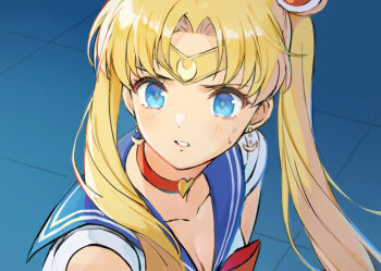 1girl bishoujo_senshi_sailor_moon blonde_hair blue_eyes blue_sailor_collar breasts chocomirukuaji choker circlet cleavage collarbone crescent derivative_work double_bun hair_bun heart heart_choker long_hair medium_breasts meme portrait red_choker sailor_collar sailor_moon sailor_moon_redraw_challenge_(meme) screenshot_redraw solo sweat tsukino_usagi twintails
