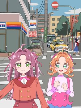 Rule 34 | 1990s (style), absurdres, aged down, ahoge, akechi anna, backpack, bag, blue hair, convenience store, double bun, futari wa precure, green eyes, hair bun, hair tie, hat, highres, jacket, kobayashi mikuru, long hair, long skirt, long sleeves, looking at viewer, meitantei precure!, orange hair, parted bangs, pink shirt, precure, profile, purple hair, randoseru, retro artstyle, road, shirt, shop, signature, skirt, sky, street, suspenders, taxi, twintails, upper body, vg20 96, walking, yukishiro honoka