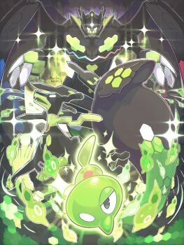 artist_name black_skin blank_eyes colored_skin commentary_request dog fangs gen_6_pokemon green_skin highres legendary_pokemon multicolored_skin nintendo no_humans pokemon pokemon_(creature) runachikku skin_fangs snake twitter_username two-tone_skin wings zygarde zygarde_(10%) zygarde_(50%) zygarde_(complete) zygarde_cell zygarde_core