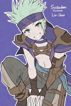 Rule 34 | 1boy, armor, between legs, boots, brown boots, character name, from above, gensou suikoden, green eyes, green hair, grey pants, grin, hand between legs, headband, knee up, liu-shen, looking at viewer, looking up, male focus, mauve, navel, pants, pauldrons, purple background, shoulder armor, simple background, sitting, smile, solo