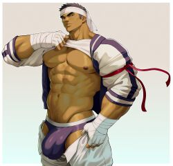 Rule 34 | 1boy, abs, bandaged hand, bandages, bara, black hair, black jacket, black male underwear, bulge, closed mouth, clothes lift, clothes pull, commission, headband, highres, jacket, large pectorals, looking at viewer, male focus, male underwear, multicolored clothes, multicolored jacket, muscular, muscular male, navel, nipples, open clothes, open jacket, pants, pants pull, pectorals, rekkinj, ryu (street fighter), short hair, simple background, solo, street fighter, tank top, two-tone jacket, underwear, white headband, white jacket, white pants, white tank top