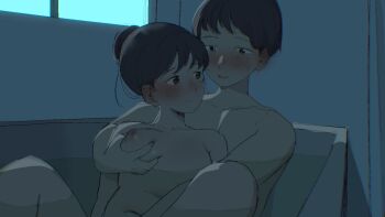 1boy 1girl bath bathing between_legs black_hair blush breasts collarbone commentary gomiri grabbing_another's_breast grabbing_from_behind groping hair_bun hand_between_legs hetero highres mixed-sex_bathing navel nipples original partially_submerged shared_bathing short_hair water