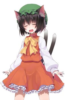 Rule 34 | 1girl, anger vein, animal ear fluff, animal ears, black nails, bow, brown hair, cat ears, cat girl, cat tail, chen, closed eyes, commentary request, cowboy shot, crote, facing viewer, fingernails, frilled skirt, frills, green hat, hat, highres, large variant set, legs apart, long sleeves, mob cap, multiple tails, nail polish, nekomata, open mouth, petticoat, red skirt, red vest, sharp fingernails, shirt, short hair, skirt, sleeve cuffs, sleeves past wrists, standing, tachi-e, tail, teeth, touhou, transparent background, two tails, u u, upper teeth only, v-shaped eyebrows, variant set, vest, white shirt, yellow bow