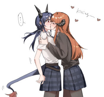 ... 2girls arknights bagpipe_(arknights) black_hair black_horns black_pantyhose black_skirt blush brown_hair ch'en_(arknights) chinese_commentary commentary_request cowboy_shot embarrassed from_side heart highres hill_chuchu horns kiss long_hair long_sleeves mixed-language_commentary multiple_girls pantyhose partial_commentary profile red_eyes short_sleeves simple_background skirt spoken_ellipsis standing tail white_background yuri