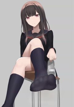 1girl animated black_serafuku brown_hair chair crossed_legs feet highres long_hair looking_at_viewer red_eyes sajina school_chair school_uniform serafuku shoes socks soles steam tagme toes unworn_shoes uwabaki video