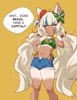 1girl absurdres animal_ear_fluff animal_ears bikini blonde_hair blue_eyes blue_hair bracelet brazilian_flag brazilian_flag_print brazilian_miku brazilian_miku_(cosplay) cat_ears cosplay denim denim_shorts english_text exposed_pocket fish_girl flag_print hand_on_own_chin hatsune_miku highres indie_virtual_youtuber jewelry lifebuoy_hair_ornament long_hair low_twintails multicolored_hair navel paper_boat ryou_sakai sameko_saba shorts shorts_tan signature streaked_hair swimsuit tan tanline tanline_peek thinking twintails very_long_hair virtual_youtuber vocaloid