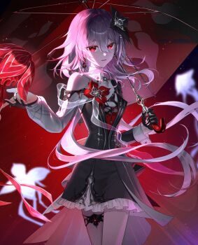 1girl black_dress black_flower black_gloves breasts dress earrings evernight_(honkai:_star_rail) flower gloves hair_between_eyes hair_flower hair_ornament hairclip highres holding holding_umbrella honkai:_star_rail honkai_(series) jewelry long_hair long_sleeves looking_at_viewer march_7th_(honkai:_star_rail) mimemu pink_hair red_eyes shirt smile solo umbrella