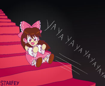 1girl :d aged_down artist_name backwards_long_jump ball_hands bow brown_hair brown_shoes child commentary detached_sleeves english_commentary facing_viewer flying frilled_bow frilled_hair_tubes frills full_body gameplay_mechanics hair_bow hair_tubes hakurei_reimu indoors loafers long_hair looking_ahead mario_(series) motion_lines nintendo open_mouth outstretched_arms pink_bow pink_eyes pink_shirt pink_skirt ribbon-trimmed_sleeves ribbon_trim shirt shoes signature skirt sleeveless sleeveless_shirt smile socks solo speedrunning_(topic) stairs starfey94 super_mario_64 touhou white_sleeves white_socks wide_sleeves