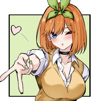 1girl ;o absurdres black_choker blowing_kiss blue_eyes border breasts choker cleavage commentary_request go-toubun_no_hanayome green_background green_hairband green_nails green_ribbon green_skirt gyaru_v hair_between_eyes hairband heart highres large_breasts looking_at_viewer mame1645 nakano_yotsuba one_eye_closed orange_hair outside_border parted_lips ribbon skirt smile solo sweater_vest upper_body v white_border yellow_sweater_vest