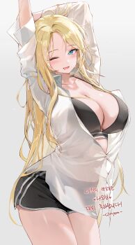 1girl ;d absurdres arms_up asamiya_nao black_bra black_shorts blonde_hair blue_eyes bra breasts button_gap choyeon cleavage commentary_request cowboy_shot dolphin_shorts drooling forehead highres korean_commentary large_breasts long_hair long_sleeves looking_at_viewer mouth_drool one_eye_closed open_mouth parted_bangs re:act see-through_clothes see-through_shirt shirt short_shorts shorts simple_background smile solo stretching underwear very_long_hair virtual_youtuber white_background white_shirt