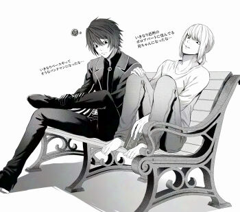 Rule 34 | 2boys, barefoot, bench, black gloves, black jacket, black pants, black shirt, black vest, commentary request, cosplay, costume switch, crossed legs, death note, denim, foot out of frame, gloves, greyscale, hair between eyes, highres, jacket, jeans, l (death note), l (death note) (cosplay), low ponytail, male focus, mello (death note), mello (death note) (cosplay), monochrome, multiple boys, no eyebrows, pants, parted lips, ponytail, shirt, sitting, space youkai, squiggle, vest, white shirt, zipper pull tab