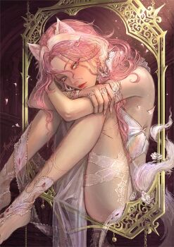 1girl animal_ears arms_on_knees cat_ears commentary crossed_arms english_commentary feet_out_of_frame highres jasmine_(path_to_nowhere) long_hair looking_at_viewer path_to_nowhere picture_frame pink_hair renepolumorfous sitting solo