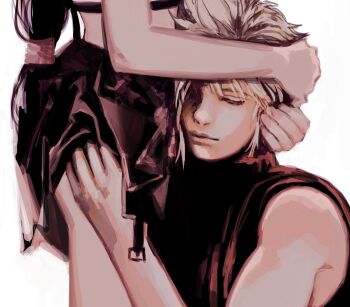 1boy 1girl ass ass_peek bare_arms bare_legs bare_shoulders black_hair black_skirt blonde_hair closed_eyes closed_mouth clothes_lift cloud_strife comforting commentary couple crop_top final_fantasy final_fantasy_vii final_fantasy_vii_remake from_side hand_on_another&#039;s_ass hands_on_another&#039;s_head head_on_another&#039;s_stomach hetero highres hug lips long_hair low-tied_long_hair lower_body midriff miniskirt short_hair skirt skirt_lift sleeveless sleeveless_turtleneck spiked_hair suspender_skirt suspenders sweater symbol-only_commentary tank_top thighs tifa_lockhart tori_(labyrinth_fft) turtleneck turtleneck_sweater upper_body white_background