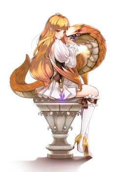 1girl absurdres backless_dress backless_outfit bad_id bad_pixiv_id blonde_hair boots closed_mouth corset dress female_focus food from_side fruit gem grapes high_heel_boots high_heels highres knee_boots kneehighs long_hair long_sleeves looking_at_viewer looking_back miyaza original pedestal pointy_ears puffy_long_sleeves puffy_sleeves red_eyes serpent simple_background sitting skirt socks solo stiletto_heels very_long_hair wavy_hair white_background white_skirt white_socks