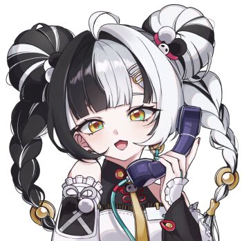1girl bare_shoulders black_hair braid breasts china_dress chinese_clothes detached_sleeves dialyn_(zenless_zone_zero) dress hair_intakes highres holding holding_phone medium_breasts multicolored_hair nail_polish open_mouth phone split-color_hair twin_braids twintails upper_body white_hair yellow_eyes zenless_zone_zero