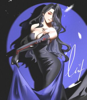 Rule 34 | 1girl, absurdres, bare shoulders, black dress, black gloves, black hair, breasts, character name, chest tattoo, cleavage, collarbone, commentary, dress, earrings, elbow gloves, english commentary, fullmetal alchemist, gloves, hair over one eye, highres, jewelry, long hair, lust (fma), notgustiarp, ouroboros, parted lips, red eyes, solo, strapless, strapless dress, tattoo, very long hair