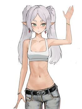 Rule 34 | 1girl, absurdres, armpits, bare shoulders, belt, belt buckle, black belt, bracelet, breasts, buckle, casual, closed mouth, collarbone, commentary, cowboy shot, denim, earrings, elf, english commentary, expressionless, frieren, green eyes, grey pants, hand up, highres, jeans, jewelry, linea alba, long hair, looking to the side, navel, pants, parted bangs, pointy ears, short eyebrows, sidelocks, simple background, small breasts, solo, sousou no frieren, sports bra, standing, straight hair, tan, tanline, tefi blum, thick eyebrows, twintails, white background, white hair, white sports bra