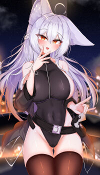 1girl :p absurdres ahoge animal_ear_fluff animal_ears bare_shoulders black_thighhighs blush bracelet breasts cameltoe commentary covered_navel fox_ears fox_shadow_puppet hair_between_eyes highres jewelry long_hair min1910 night orange_eyes original sideboob sky solo thighhighs thighs tongue tongue_out white_hair