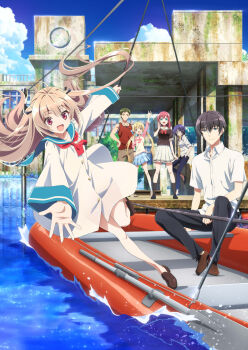 Rule 34 | 2boys, 4girls, :d, absurdres, anime coloring, arm up, atri, atri-my dear moments-, black hair, black pants, black ribbon, black shoes, blonde hair, blue pants, blue sailor collar, blue skirt, boat, bow, breasts, brown hair, brown pants, brown serafuku, brown shoes, brown tank top, catherine (atri-my dear moments-), cloud, collared shirt, dress, from side, full body, green hair, grey socks, hair ribbon, hand on own hip, hand up, highres, ikaruga natsuki, kamishiro minamo, key visual, large breasts, leg up, loafers, long hair, long sleeves, low twintails, medium breasts, multiple boys, multiple girls, nanami ririka, neckerchief, nojima ryuuji, official art, open hand, open mouth, outdoors, outstretched arms, outstretched hand, palms, pants, pink hair, pink shirt, pleated skirt, promotional art, purple hair, reaching, reaching towards viewer, red bow, red eyes, red neckerchief, ribbon, sailor collar, sailor dress, satou michio, school uniform, serafuku, shirt, shoes, short hair, short sleeves, sitting, skirt, sky, small breasts, smile, socks, spread fingers, standing, standing on one leg, tank top, twintails, two-tone shirt, two side up, very long hair, very short hair, water, watercraft, white sailor collar, white shirt, white skirt, wide sleeves