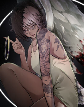 Rule 34 | 1girl, absurdres, angel wings, arm tattoo, back tattoo, blood, bloody wings, camisole, chiwa kotarou, collarbone, commentary, flying nimbus, from side, highres, knee up, looking at viewer, nail polish, original, parted lips, short hair, sitting, solo, tattoo, white camisole, white wings, wings