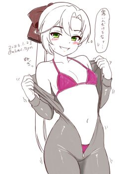 1girl akigumo_(kancolle) bikini bikini_under_clothes bodysuit breasts commentary_request cowboy_shot diving_suit green_eyes highres kantai_collection long_hair mole mole_under_eye navel open_wetsuit pink_bikini ponytail small_breasts smile solo spot_color swimsuit tasogare_yanio translation_request undressing wetsuit