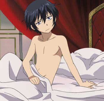 1boy anime_screenshot bed bed_sheet bedroom livius_orvinus_ifriqiyah male_focus nude pillow purple_eyes shota soredemo_sekai_wa_utsukushii stitched third-party_edit
