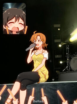 2girls bereal black_leggings brown_hair closed_eyes concert crossed_legs dress drum drum_set fan_screaming_at_madison_beer_(meme) glowstick highres holding holding_glowstick holding_microphone idolmaster idolmaster_million_live! instrument kitazawa_shiho leggings meme microphone millionlive77 multiple_girls music open_mouth orange_hair photo_background short_hair singing sitting stage yabuki_kana yellow_dress