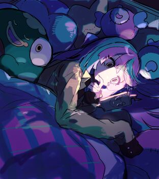 1girl bellibolt blue_hair character_hair_ornament commentary_request fuji_den_fujiko gen_4_pokemon hair_ornament highres indoors iono_(pokemon) long_hair looking_at_object lying multicolored_hair nintendo on_side pink_hair pokemon pokemon_(creature) pokemon_sv rotom rotom_phone shirt sleeping sleeves_past_fingers sleeves_past_wrists two-tone_hair under_covers yellow_eyes yellow_shirt