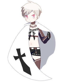 Rule 34 | 1girl, axis powers hetalia, black shorts, cape, capelet, chain, closed mouth, commentary request, frown, gauntlets, looking at viewer, midriff, navel, pink eyes, prussia (female) (hetalia), prussia (hetalia), scar, scar on face, shirt, short shorts, shorts, simple background, solo, tanba (tanba-art), white background, white cape, white capelet, white shirt