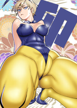 1girl alternate_costume animal_ears ass bishoujo_senshi_sailor_moon blonde_hair blue_bow blue_bowtie blue_leotard blue_shoes bow bowtie breasts cameltoe circlet collar detached_collar earrings fake_animal_ears highres hoop_earrings jewelry leotard looking_at_viewer looking_down matsuda_shin medium_breasts pantyhose playboy_bunny rabbit_ears sailor_uranus shoes short_hair solo spread_legs strapless strapless_leotard sweatdrop ten&#039;ou_haruka thick_thighs thighs v-shaped_eyebrows white_collar yellow_pantyhose